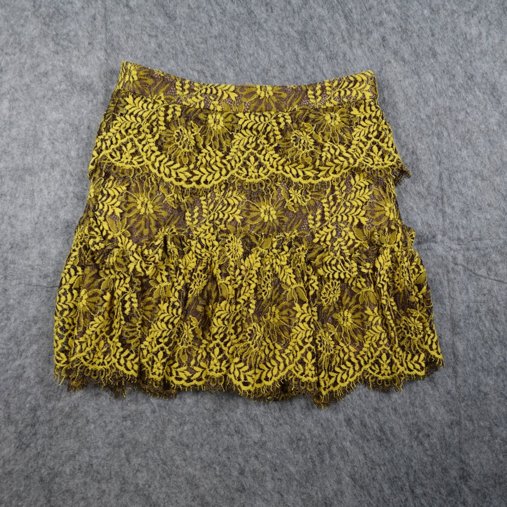 Intermix Skirt Womens Extra Small Yellow Sitka Floral Lace Tiered Scalloped Mini